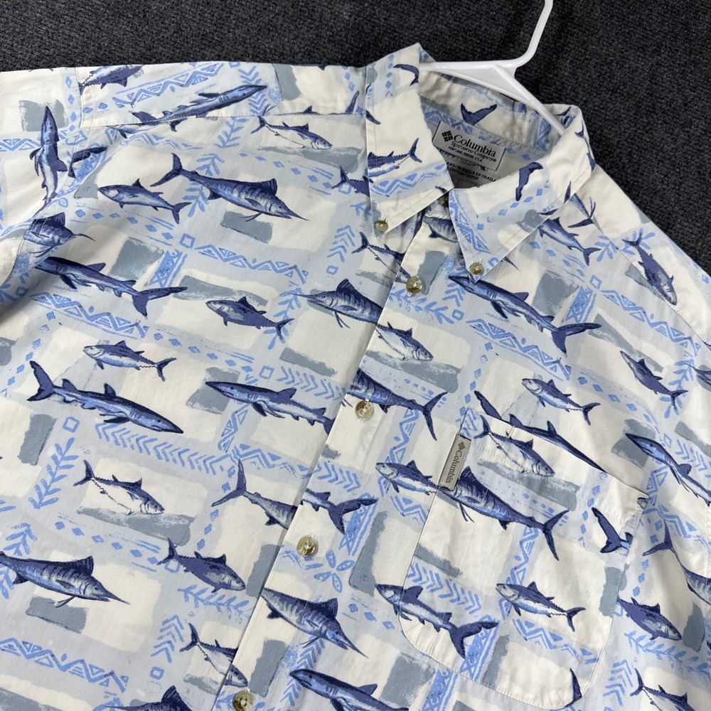 Columbia Button Down Shirt Mens XXL 2XL Blue White Marlin Shark Fish Print